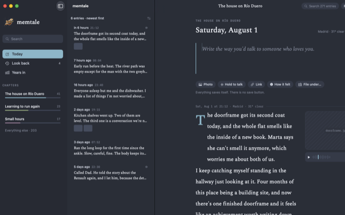 memtale on a Mac: chapters down the left, entries in the middle, and one entry open with a photograph, a voice note and the weather that day.